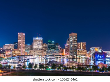 Baltimore,maryland,usa. 09-07-17 :  Baltimore Skyline At Night With Reflection In Water.