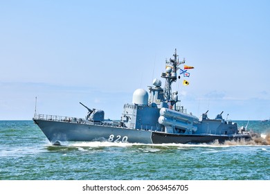 Baltiysk, Kaliningrad Oblast, Russia - 07.22.2021 - Large Missile Boat During Naval Exercises At Navy Day, Guided Missile Destroyer Maneuvering In Baltic Sea. Naval Warship Sailing In Blue Sea