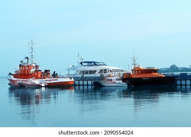 Baltiysk, Russia, May 2016: Russian Red Boat Rescue Service For Underwater Operations For Special Purposes Igor Prokopchik, Boat Of Commander Of Baltic Fleet Seraphim Sarovsky In Waters Of Baltic Sea