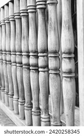 baluster closeup. wooden baluster, selective focus. baluster of balcony. brown baluster