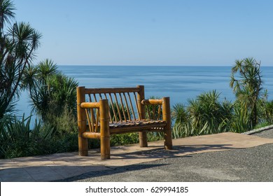 Bamboo Bench With A Sea View From The Botanical Gardens In Batumi, Georgia.