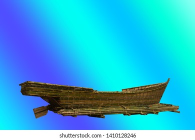 Bamboo Boat,Is A Boat Built By Sangkhlaburi People For Religious Ceremonies,isolated On Light Blue And Bluebackground