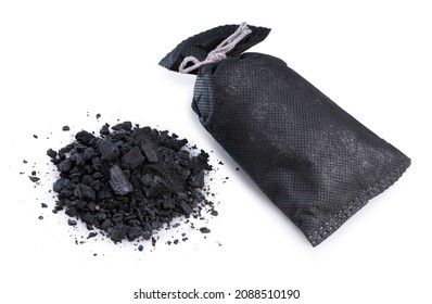 Bamboo Charcoal In A Cloth Bag Isolated On White Background, Natural Bamboo Charcoal Used To Reduce Bad Odour On White Background.