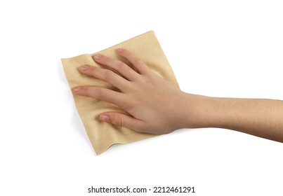 Bamboo Cleaning Cloth In Hand Isolated. Wipe Beige Rag, Biodegradable Cleaning Towel, Eco-friendly Napkin, Organic Fabric, Ecologically Clean Kitchen Cloths On White Background