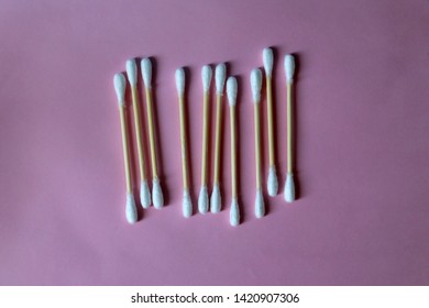 Bamboo Cotton Buds On Pink Background. Top View.