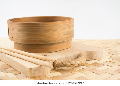 Bamboo dimsum klakat is a food steamer made from bamboo. Flat Layout decoration with white space background.
