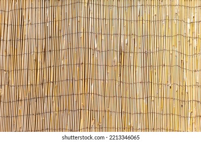 Bamboo Dry Yellow Vertical Straw Background, Texture. Nature Plant Material, Stick Lines Surface, Tablecloth, Wallpaper, Backdrop. Empty, Copy Space