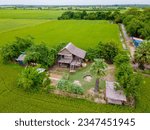 Bamboo hut homestay farm with Green rice paddy fields in Central Thailand Suphanburi region, drone aerial view of green rice fields in Thailand