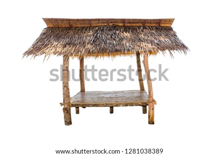 Bamboo hut isolated on white background,roofed with palm leaves .