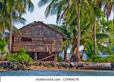 Bamboo Hut On Stilts On Gizo Island In Western Province Of Solomon Islands In South Pacific