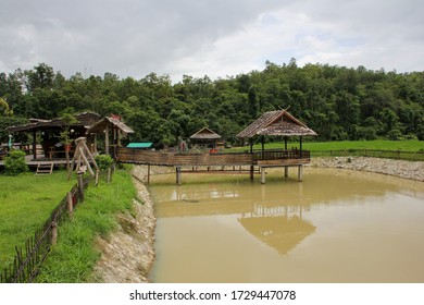 Bamboo Huts And Small Water Stagnation For Rice Cultivation In Pai, Thailand