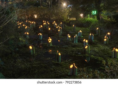 Bamboo lanterns at Higashiyama Hanatouro (Lantern Festival), Kyoto, Japan.
Lanterns made of young bamboo are placed on a stream running through Maruyama Park.