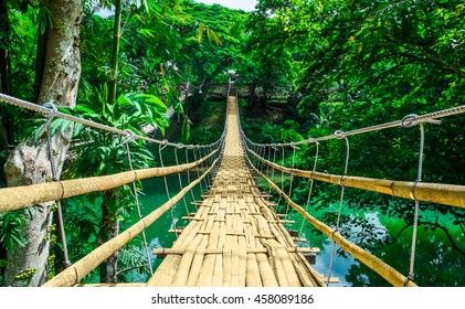 Bamboo pedestrian hanging bridge over river in tropical forest, Bohol, Philippines, Southeast Asia - Shutterstock ID 458089186