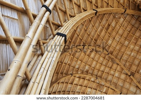 Bamboo pole structure. Closeup of several bamboo trunks tied with rope in nylon to be used as poles for a traditional eco-friendly house or hut with copy space with selective focus.
