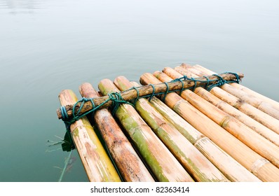 Bamboo raft on the great lake in the early morning,Thailand.