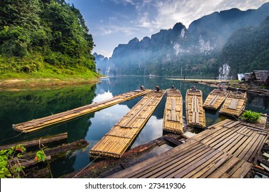 Bamboo Rafting On River, Ratchaprapha Dam , Suratthani , Thailand