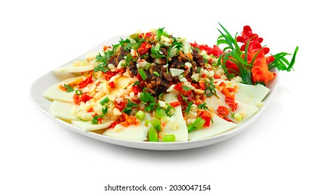 Bamboo Shoots With Sichuan Sauce Curry Style Chinese Food Spice Decoration Carved Chili And Vegetables Sideview