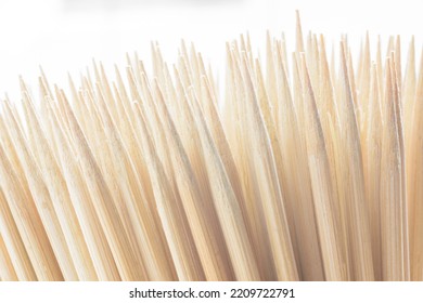 Bamboo Stick Skewers Closeup Soft Focus Isolated On White Background. Kitchen Utencil.