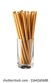 Bamboo Straw In Glass Isolated On White Background ( Straw From Natural Material / Green Product Concept )
