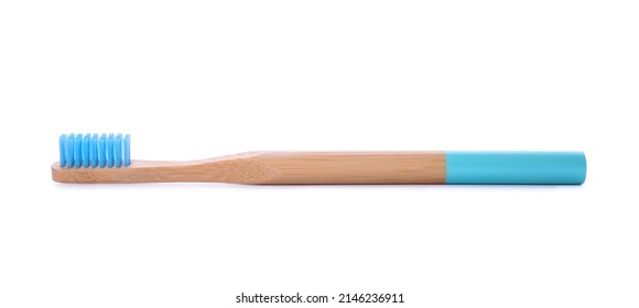 Bamboo Toothbrush Isolated On White Background. Wooden Tooth Brush With Blue Bristles. Zero Waste Concept, Biodegradable Material