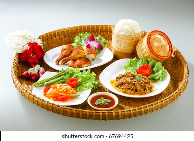 A Bamboo Tray Of Northeast Region Thai Traditional Food Style Isolated 