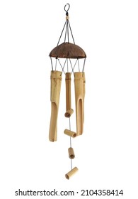 Bamboo wind chime isolated. Mobile chime wind pendant handmade on white background. Oriental style wood wind chime. Home and garden decoration. Relaxing music concept. - Shutterstock ID 2104358414