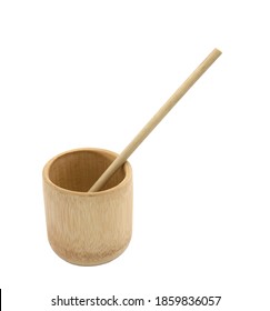 Bamboo Wood Cup With Bamboo Straw Isolated On White Background