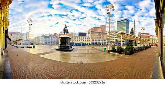 Ban Jelacic Square In Zagreb Panorama, Capital Of Croatia