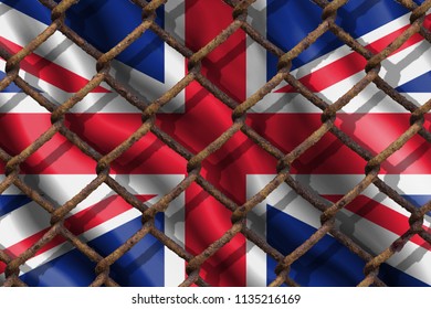 The Ban On Freedom Of Speech. The Concept Of The Country's Immigration Policy Regarding Migrants, Illegal Immigrants And Refugees. Steel Grid On The Background Of The Flag Of United Kingdom. UK.