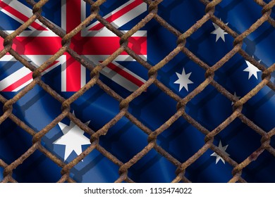 The Ban On Freedom Of Speech. The Concept Of The Country's Immigration Policy Regarding Migrants, Illegal Immigrants And Refugees. Steel Grid On The Background Of The Flag Of Australia