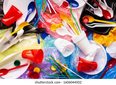 Ban Plastic Pollution. Picture Of Used Plastic Waste On White Background, Copy Space