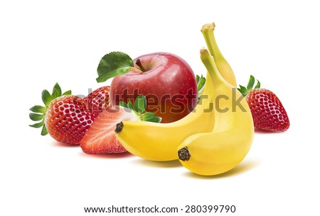 Banana, apples and strawberry composition 4 isolated on white background as package design element