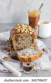 Banana Bread Cake With Walnuts And Salted Caramel, Selective Focus