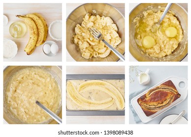 Banana Bread. Collage, Step By Step Recipe. Cake With Banana. Traditional American Cuisine