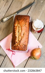 Banana Bread, Pear And Jam On The Table. Top View