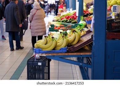 Banana Bunch At A Market Vendor In The Fovam Square Market Hall In Budapest, Hungary