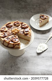 Banana Cheese Cake Glazed With Ganache, Glossy Food.