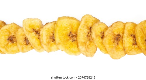 Banana chips isolated on white background. Healthy alternative snack. 