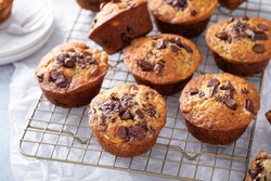 Banana Chocolate Chip Muffins On A Baking Rack, Breakfast Or Snack Recipe Idea