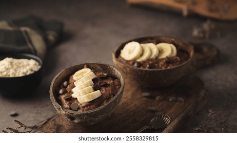 Banana chocolate oatmeal in coconut bowls on a wooden board, garnished with banana slices and chocolate chips, with a bowl of oats in the background - Powered by Shutterstock