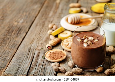 banana chocolate peanut butter smoothie. the toning. selective focus