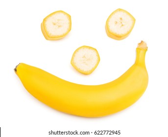 Banana Clown With A Slice Isolated On White Background. Flat Lay, Top View