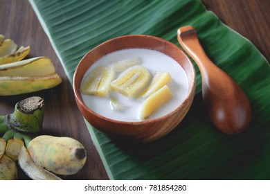 Banana In Coconut Milk. Traditional Dessert Of Asian, Thailand.