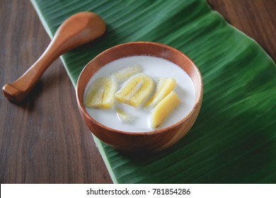 Banana In Coconut Milk. Traditional Dessert Of Asian, Thailand.