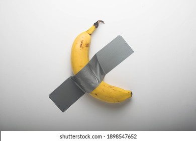 Banana Duct Taped To The White Wall. Conceptual Photo.