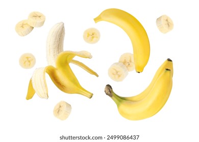 Banana fruit with slices falling isolated on white background. - Powered by Shutterstock