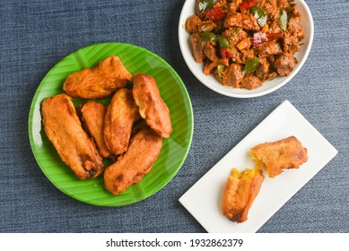 Banana Fry With Kerala Beef Curry , PazhamPori Banana Fritters Homemade Tea Time Snack Fried In Coconut Oil And Spicy Meat Curry , Mutton Stir Fry Asian Cuisine, Side Dish Christian Food Christmas