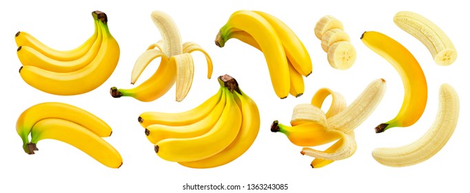 Banana isolated on white background with clipping path, collection of whole and sliced bananas
