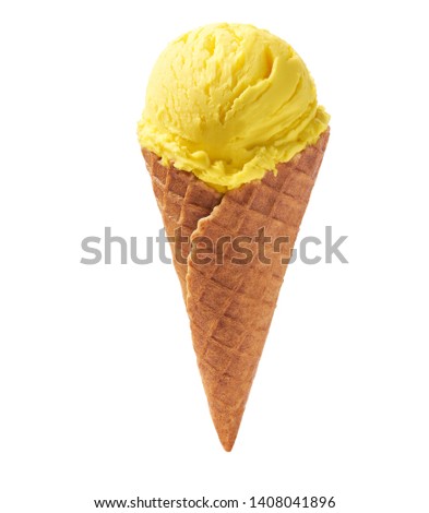 banana, lemon ice cream in waffle cone isolated on white background