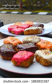 Banana Nugget, Sweet Banana Nugget With Variant Of Chocolate And Toppings On The Table Of Wood. Delicious Homemade Snack